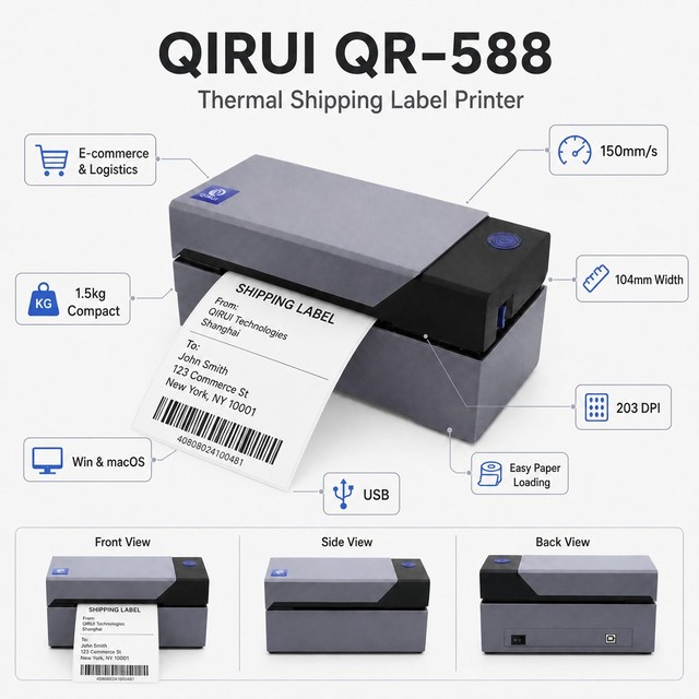 Commercial Thermal Label Printer with Auto Paper Feed, Desktop Barcode Waybill Printer for Logistics Warehouse