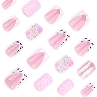 Nouveauté : Faux ongles à presser pour femmes, rose doux, motif vague d'eau 3D, style français, best-seller, avec perles scintillantes et imprimé léopard français