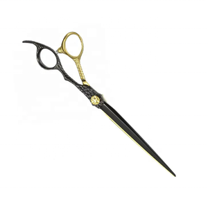 Ciseaux de toilettage pour animaux de compagnie en acier inoxydable personnalisés, droits, couleur noir et or, manche moyen, pour droitiers, pour la coupe de barbier - Product Image 3