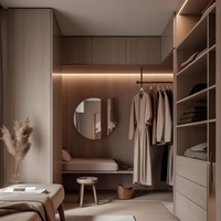 Système de dressing sur mesure moderne et minimaliste avec coiffeuse intégrée, étagères ouvertes et vitrine en verre trempé