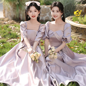 Bridesmaid Dress Purple Satin A-Line Sweetheart Neckline Natural Waist Long Gown For Wedding Sister Graduation - Product Image 2