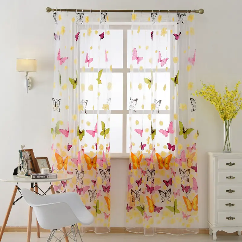 hot beautiful Butterfly printed sheer curtain cortina Tulle Curtains for Living Room Home Decor Curtain