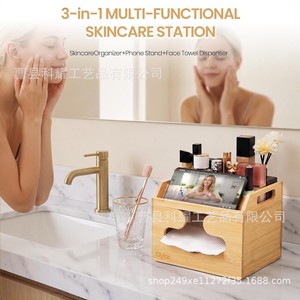 Clyfac Bamboo Tissue Box With Phone Slot Multi Functional <b>Desktop</b> Organizer For Vanity Countertop - Product Image 3