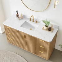 Meuble-lavabo de salle de bain en bois massif cannelé de luxe, finition laquée personnalisée, avec plan de travail en quartz stratifié