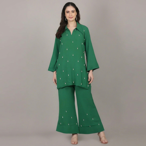 Collection exclusive de tenues pour femmes, ensemble 2 pièces en cordon vert avec perles et décorations en perles, le meilleur choix pour les fêtes - Product Image 1