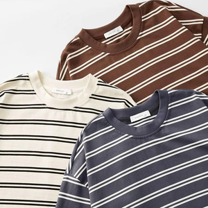 Áo thun unisex tay rơi, in logo tùy chỉnh, phối sọc, dáng rộng, dành cho nam nữ, áo cặp đôi - Product Image 1