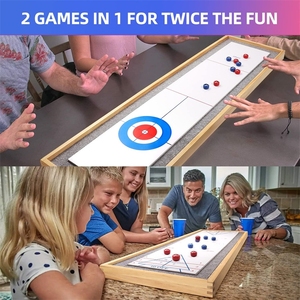 Cadeau pour enfants et adultes Jeu de plateau de jeu de table 2 en 1 en bois massif Mini shuffleboard et curling avec 8 rouleaux - Product Image 3
