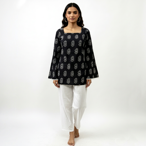Womens Black Printed Viscose Short Lace Kurti with <b>Bell</b> Sleeves & Asymmetrical Collar - Product Image 1