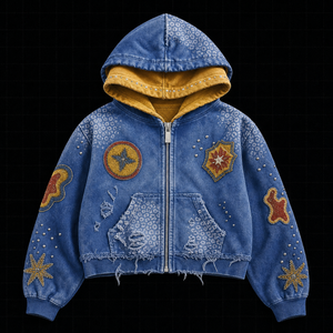 Sudadera con capucha para hombre con cremallera, azul, con diseño gráfico, bolsillos con tachuelas, estilo cropped y boxy, con logo, estilo streetwear, con pedrería, al por mayor - Product Image 1