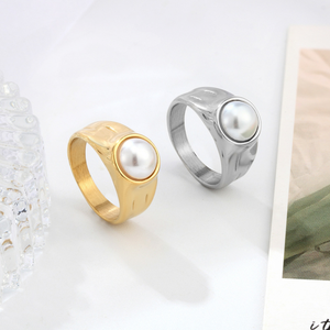 Bague en acier inoxydable plaqué or 14 carats avec perle sertie, étanche, pour <span class=keywords><strong>femme</strong></span>, vente en gros - Product Image 2
