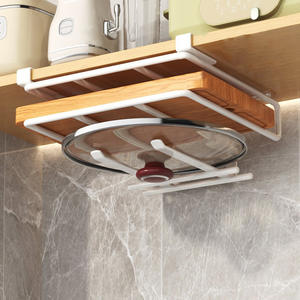 Colgador de tapas de olla de algodón con estante para tablas de cortar, cesta de almacenamiento colgante de metal blanco para tapas, organizador de cocina escalonado, sin necesidad de taladrar - Product Image 1