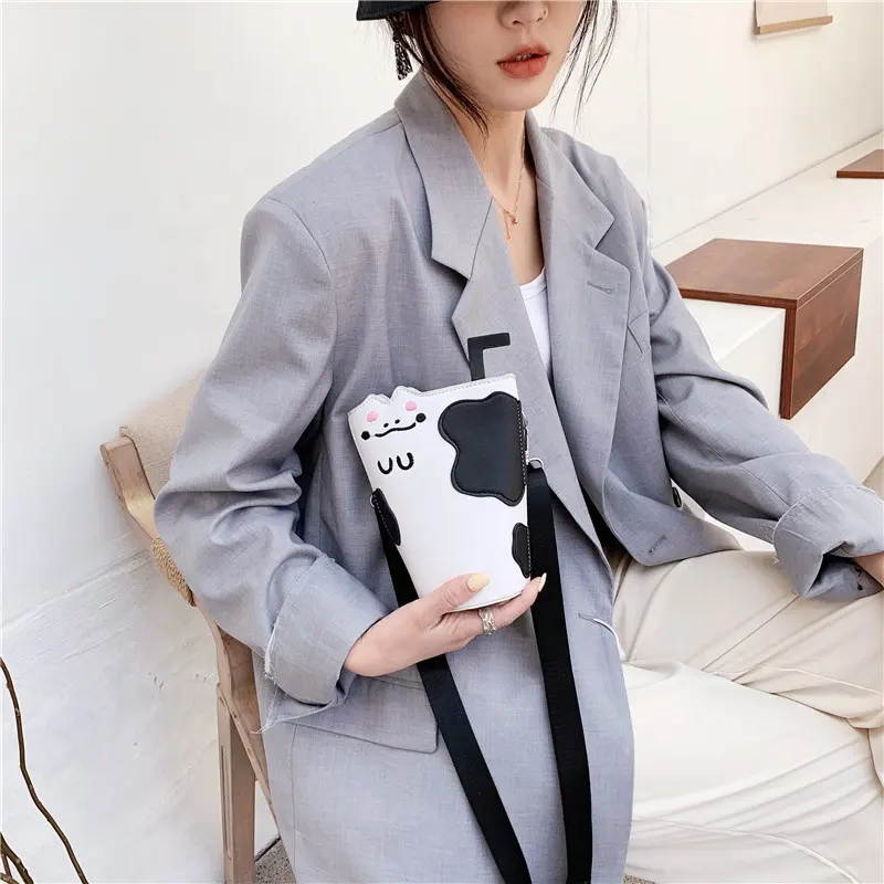 Cow Pattern Milk Tea Cup Straw Shape Pu Leather Damen Taschen Handbag Shoulder College School Bag Tas Selempang Messenger Bag