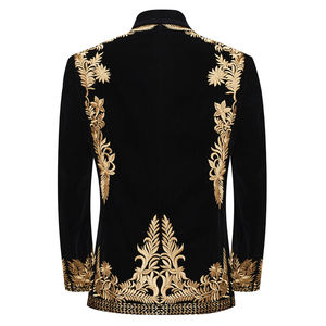Изысканная вышитая приталенная куртка с воротником с лацканом, высококачественное черное бархатное платье с вышивкой золотого цвета - Product Image 2