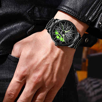 Men's Car Wheel Watch Fashion Sport Quartz Mesh Rim Hub Watch for Men Sports Car Wheel Shape Hollow Watch