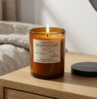 Lilin Aroma Eucalyptus Mint dalam Botol Kaca Amber dengan Tutup Logam Hitam Matte, Label Teks Vintage, Perlindungan UV, Kaca Coklat