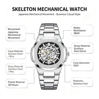 Montre-bracelet mécanique squelette pour homme, style décontracté, OEM ODM, réserve de marche de 40 heures, cadran squelette lumineux de 43 mm, acier inoxydable