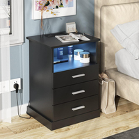 Ensemble de 2 tables de chevet modernes noires avec ports USB |   Tables de chevet en bois de luxe, tiroir à fermeture douce pour chambre à coucher