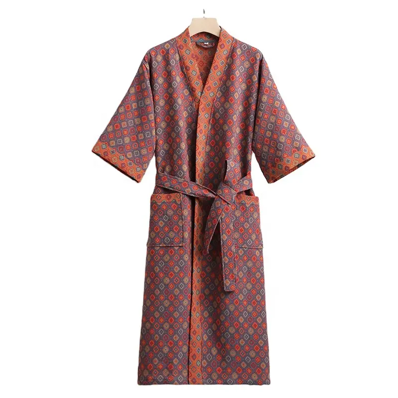 Jubah Kimono katun kasa dengan benang saku mati dicetak gaya Jepang Yukata Kimono piyama jubah mandi Spa