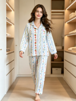 Pyjama en pur coton pour femme, col rabattu, manches longues, en polaire fine, respirant, style luxueux et mignon, printemps/automne