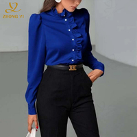 Camisas de chifón de otoño para mujer a la moda personalizadas al por mayor, blusas de manga larga amarillas, ropa plisada en el pecho, ropa de oficina, blusa