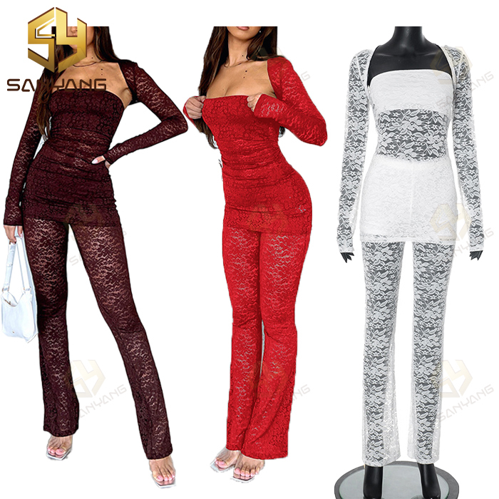 Sexy Lace Pants Sets 3 Pieces Women Crop Full Sleeve Shawl Slim Strapless Tops Hip Package Pant 2025 Spring Lady Elegant Outfits · image 1