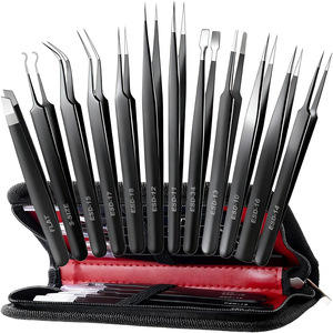 Juego de pinzas de acero inoxidable exclusivas para trabajo transfronterizo, juego de 12 piezas ESD antiestático negro, bolsa de herramientas para reparación de teléfonos móviles - Product Image 1