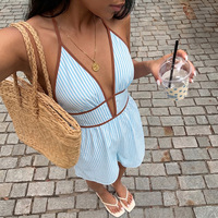 Nouvelle combinaison short rayée en polyester, style vacances estivales européennes et américaines, taille haute, col montant, pour femme