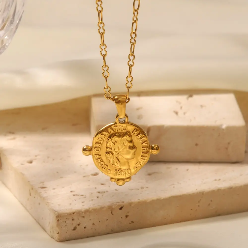 2024 recién llegado de acero inoxidable 18K chapado en oro diosa moneda colgante collar para mujer