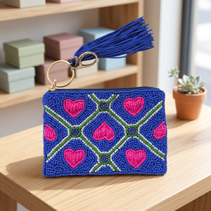 Handmade Cotton Beaded Square Coin <b>Purse</b> Blue <b>Pink</b> Heart Pattern Embroidered Zipper Pouch Tassel Travel Fashion Accessory Jaunty - Product Image 2