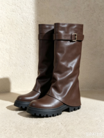 Bottes hautes à bout rond avec boucle et semelle épaisse, marron, pour femme, automne-hiver, style urbain, OEM ODM
