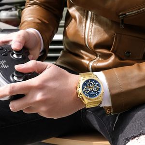 Мужские часы Megir 4220, золотистые, из нержавеющей стали, деловой хронограф, аналоговые, водонепроницаемые, с люминесцентными стрелками, кварцевые. - Product Image 6