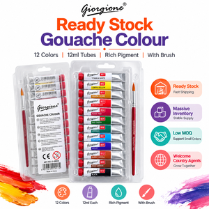 Giorgione – Lot de 12 tubes de <span class=keywords><strong>gouache</strong></span> 12 ml avec pinceau, pigments riches, fournitures d'art, vente en gros, fournisseur d'usine – En stock - Product Image 1