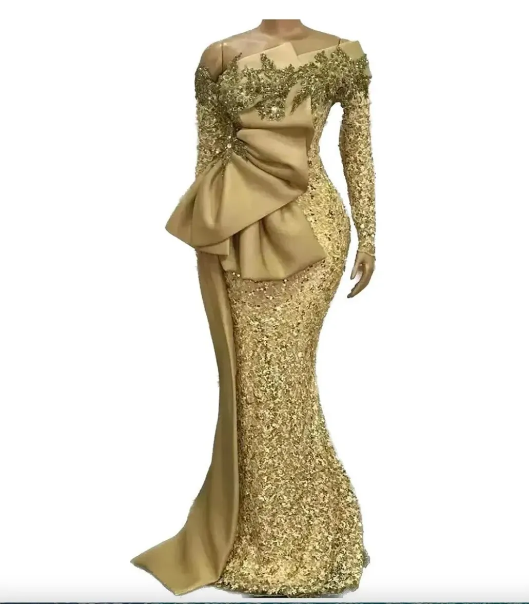 Elegante afrikanische Abendkleider Langarm Pailletten Meerjungfrau Abendkleid Aso Ebi Gold Perlen Spitze Applikationen Prom Kleider