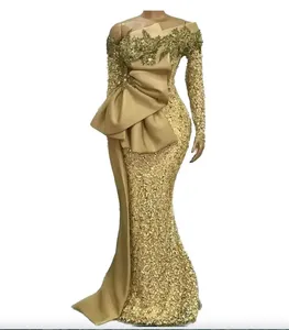 Elegant African Evening Dresses 2023 Long Sleeves Sequined Mermaid Formal Dress Aso Ebi Gold Beaded Lace Appliques Prom Gowns
