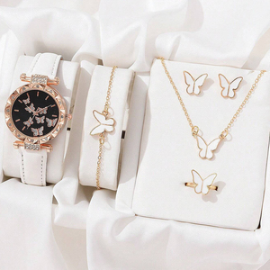 New 5pcs/<strong>set</strong> <strong>Women's</strong> Explosion-Proof Digital Strap <strong>Watch</strong> Fashionable Simple Design Butterfly Pattern Stainless Steel Quartz - Product Image 2