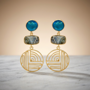 Pendientes de latón hechos a mano con gemas, chapados en rodio, estilo étnico bohemio. - Product Image 2