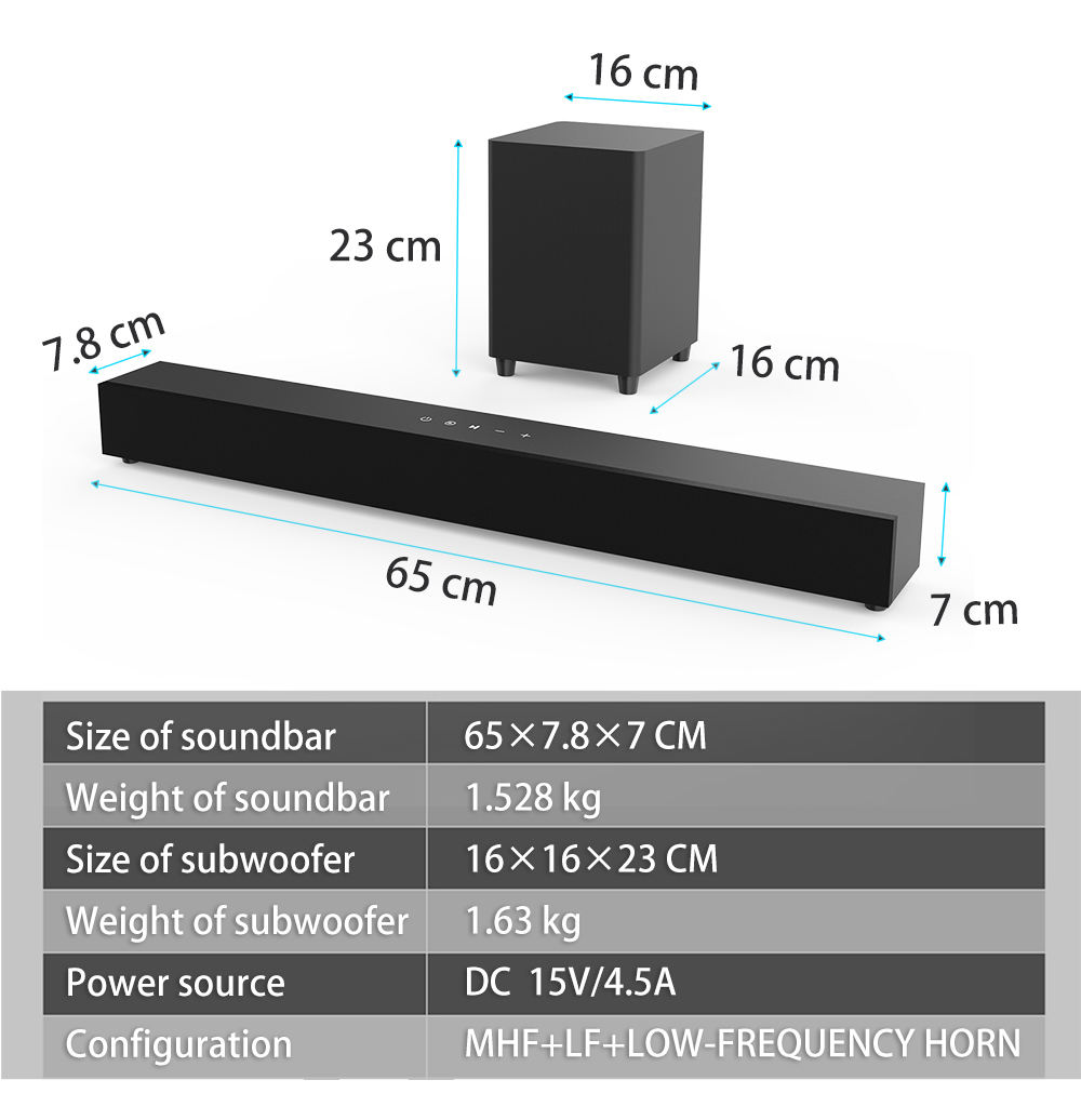 BS-65 TV Sound Bar with Subwoofer Box Soundbar Wireless Speaker Home  Theater Surround Sound System Aux/USB/Optical/Coaxial/RCA