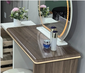 Wooden <b>Makeup</b> Vanity Table Set Round <b>LED</b> Illuminated <b>Mirror</b> Extendable Dresser With Storage Drawers Cushioned Stool For Bedroom - Product Image 5