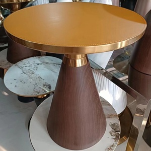 <span class=keywords><strong>Mesa</strong></span> de centro redonda de cuero marrón para sala de estar, mueble con marco de metal, <span class=keywords><strong>mesa</strong></span> lateral de lucite, bandeja para tv - Product Image 1