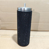 Bouteille d'eau thermique 20oz Rhinestone Bling en acier inoxydable noir Gobelet à paillettes en diamant