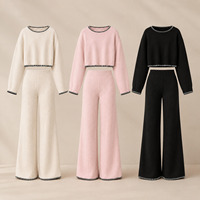 Ensemble pull court en maille côtelée pour femme et pantalon large avec bordure contrastante – Vente en gros OEM/ODM