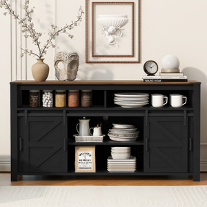 59.3'' Modern <b>Kitchen</b> <b>Sideboard</b> with Sliding Barn Door and Mesh Panels Eco-Friendly Durable Buffet with Open Storage - Product Image 1
