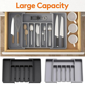 Silverware <b>Drawer</b> Organizer Expandable Utensil Tray for Kitchen Adjustable Flatware and Cutlery Holder Black Cutlery Organiser - Product Image 2