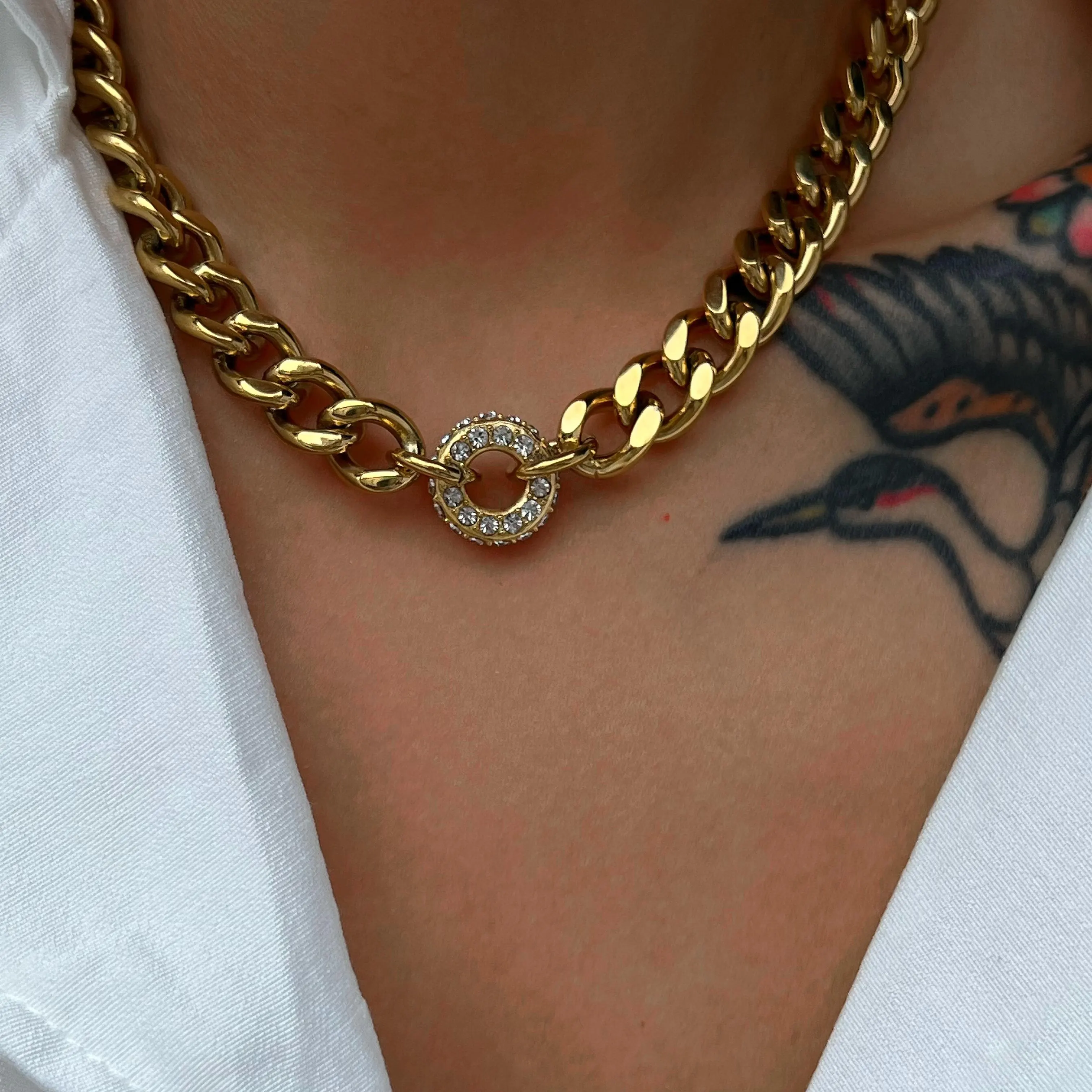 Dazan New Ins in acciaio inossidabile placcato in oro 18 carati appannamento gratuito ancora pendente decorativo 11mm collana con bracciale a catena cubana donna