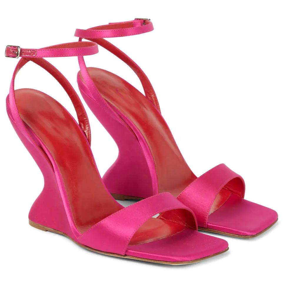Wedge Sandal Hot Pink Soft Silk Satin Fabric Women's Shoe