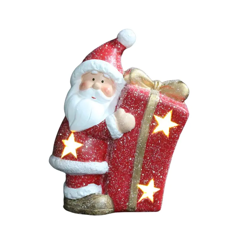 Amazon Cross border Venta caliente 2024 Navidad Nueva decoración Paquete de regalo de Papá Noel con luces LED Decoración navideña de cerámica