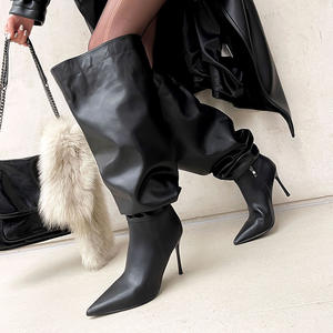 Enmayer kış bayanlar uyluk yüksek kaliteli sivri burun gevşek Fit siyah gerçek deri 8cm Stiletto kadınlar diz çizme üzerinde - Product Image 2