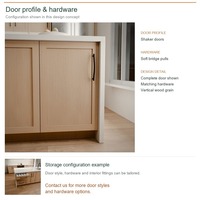 Meuble de cuisine Shaker en bois massif avec portes encadrées, aménagement en îlot, dimensions personnalisées, rangement par tiroirs et boîtes en panneaux mélaminés