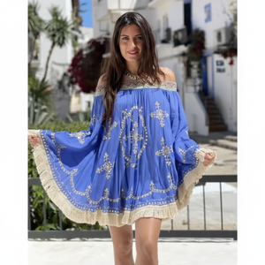 ชุดเดรสลำลองสไตล์โบฮีเมียนสำหรับผู้หญิงเดรสสั้นแขนบานพร้อมลูกไม้ปักลายเซ็กซี่ชุดทำงานสำหรับเด็กผู้หญิง - Product Image 1