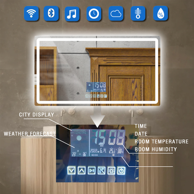 Modern Smart LED Mirror with Weather Forecast Time Temp Humidity Display Dimmable Anti-Fog Wall Mounted for Luxury Hotel